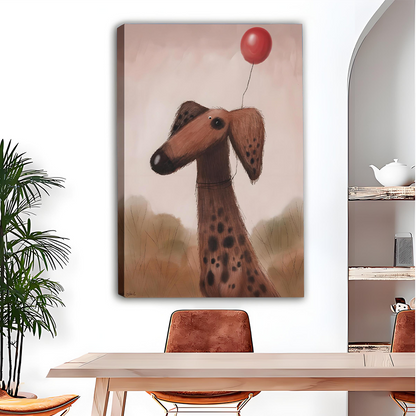Whimsical dog with red balloon canvas print wall art mounted beside an arched alcove shelf