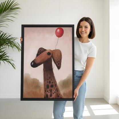 Woman holding a framed whimsical dog red balloon wall art print for size reference