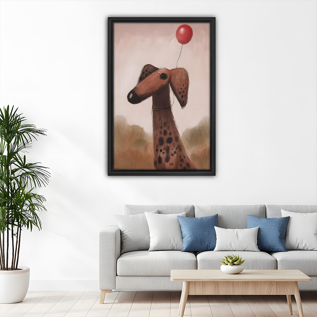 Framed whimsical dog red balloon wall art decorating a living room above a grey sofa