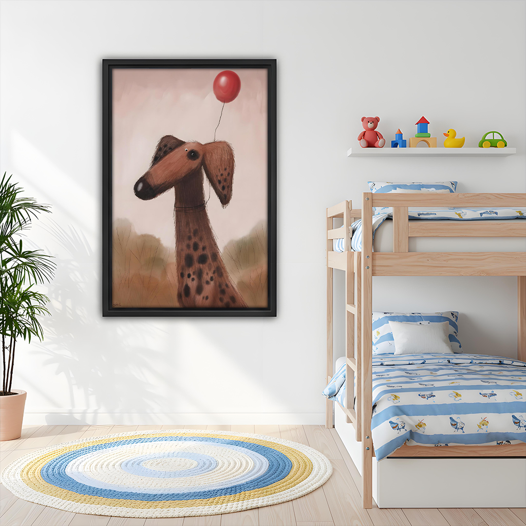 Whimsical dog red balloon wall art hanging in a children's bedroom above a bunk bed