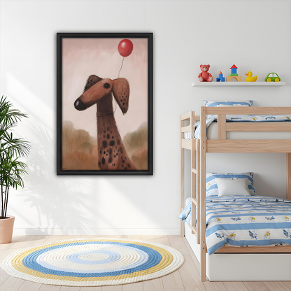 Whimsical dog red balloon wall art hanging in a children's bedroom above a bunk bed