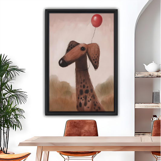 Whimsical dog red balloon wall art in black frame displayed above a wooden dining table