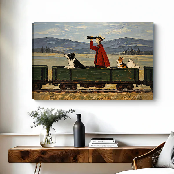 Whimsical Dog Train Canvas Wall Art | Framed & Unframed l5097