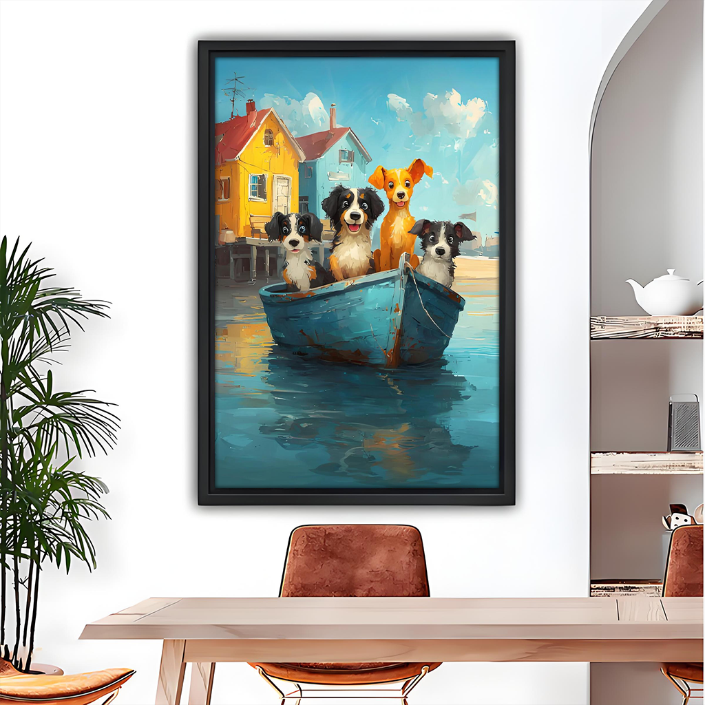 Framed whimsical dogs in a blue boat coastal wall art displayed above a wooden dining table