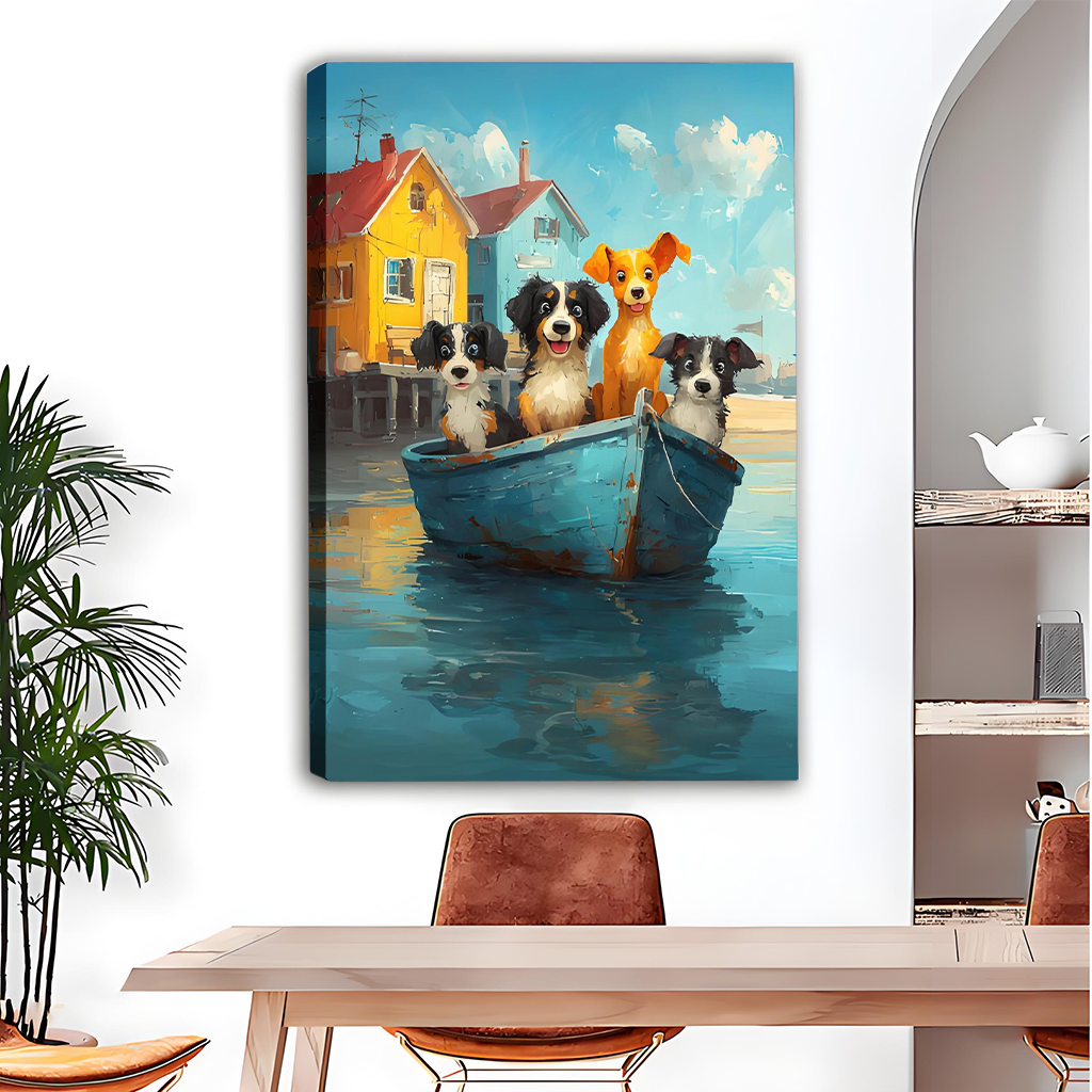 Unframed whimsical dogs in a blue boat coastal canvas print hanging above a dining table