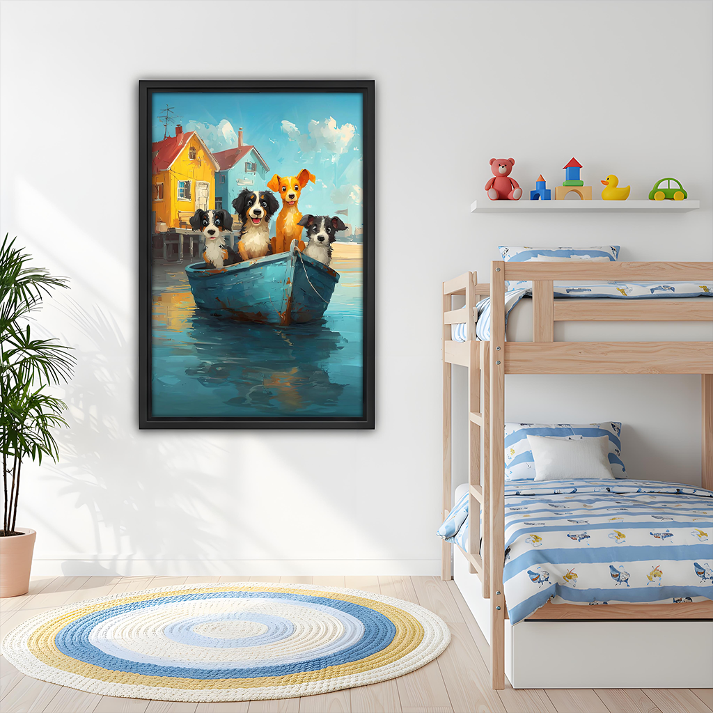 Framed whimsical dogs in a blue boat coastal wall art hanging in a colorful children's bedroom