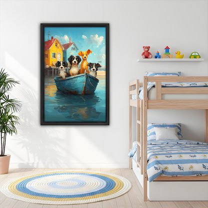 Framed whimsical dogs in a blue boat coastal wall art hanging in a colorful children's bedroom