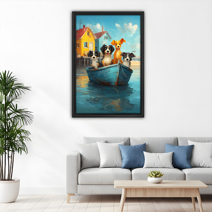Framed whimsical dogs in a boat coastal canvas art above a light gray sofa in a modern living room