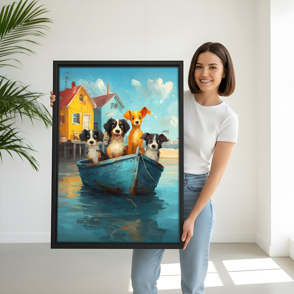 Woman holding framed whimsical dogs in a boat coastal art print to show size in a bright room