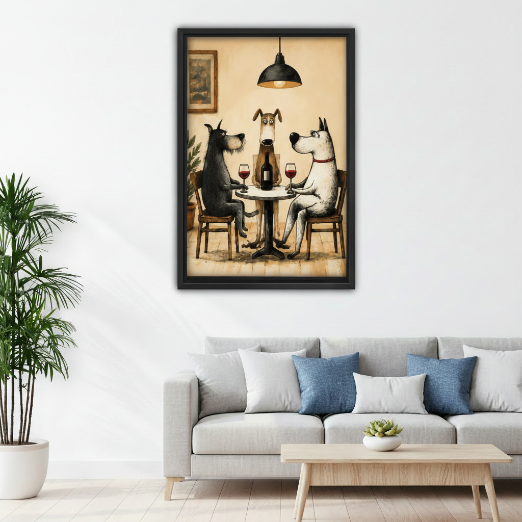Whimsical dog dinner canvas wall art displayed above a sofa in a bright living room
