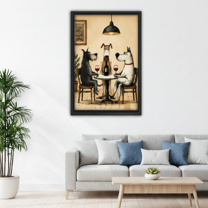 Whimsical dog dinner canvas wall art displayed above a sofa in a bright living room