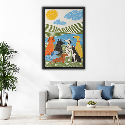 Black-framed whimsical dogs by the lake canvas wall art above a dining table, with a yellow sun and hills.