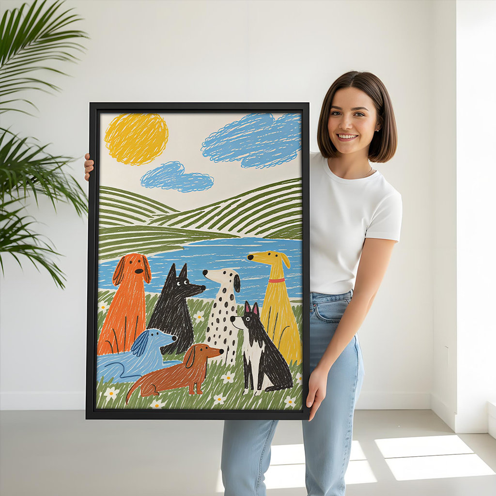 Gallery-wrapped whimsical dogs by the lake canvas wall art above a dining table, featuring daisies and blue water.