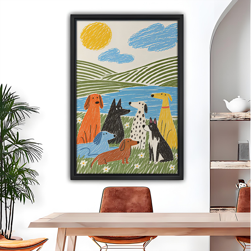 Black-framed whimsical dogs by the lake canvas wall art beside wooden bunk beds in a bright child's bedroom.