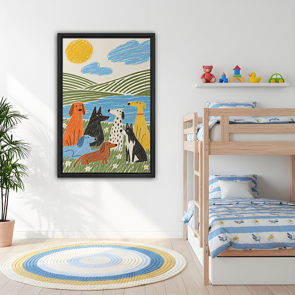 Whimsical dogs by the lake canvas wall art in a black frame above a gray sofa with blue cushions.