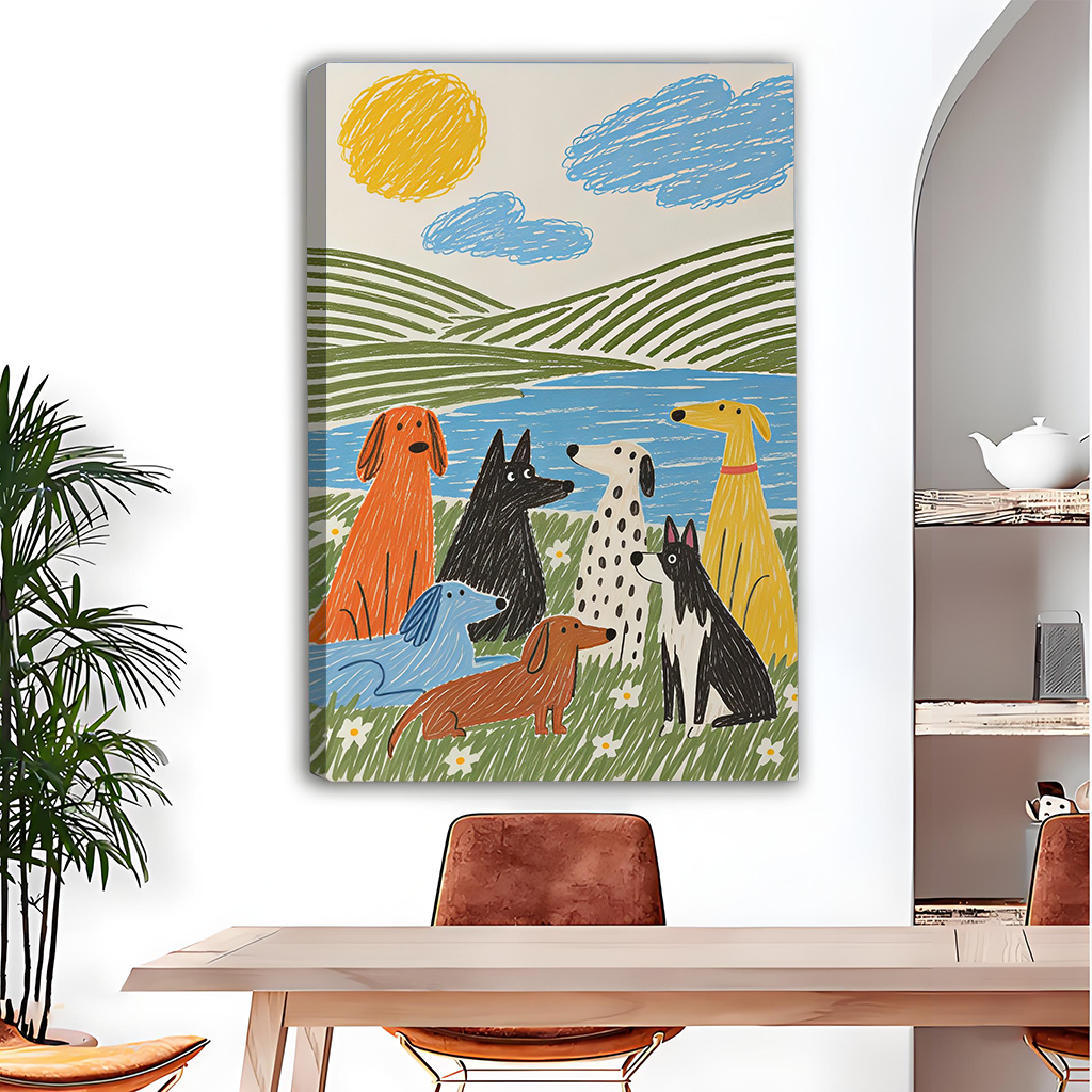 Woman holding black-framed whimsical dogs by the lake canvas wall art with colorful dogs, green hills, and sunshine.