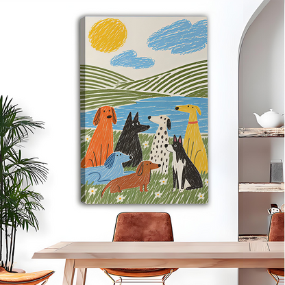 Woman holding black-framed whimsical dogs by the lake canvas wall art with colorful dogs, green hills, and sunshine.