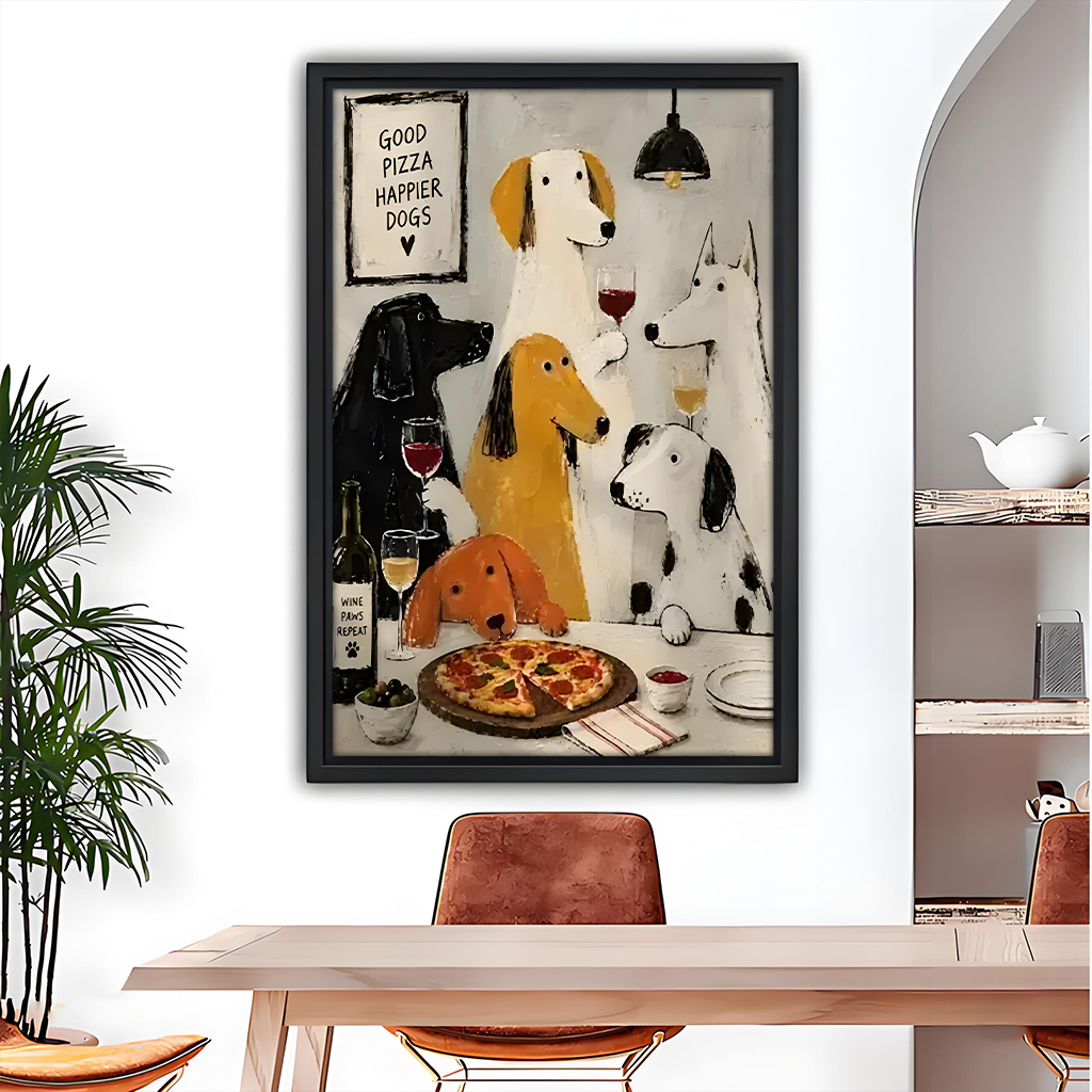 Whimsical Dogs Pizza and Wine Canvas Wall Art | Framed & Unframed l5108
