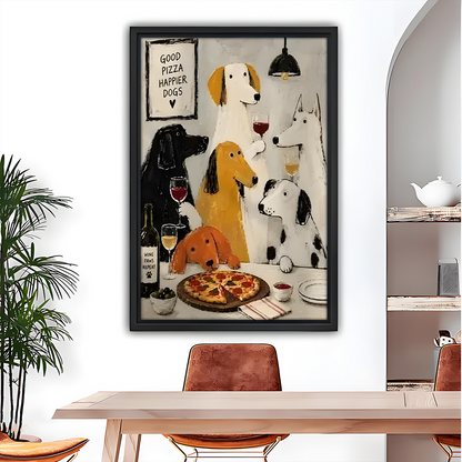Whimsical Dogs Pizza and Wine Canvas Wall Art | Framed & Unframed l5108