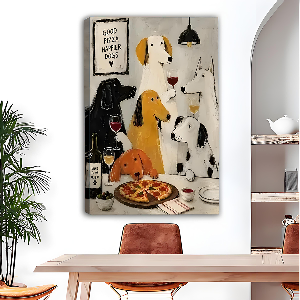 Whimsical Dogs Pizza and Wine Canvas Wall Art | Framed & Unframed l5108