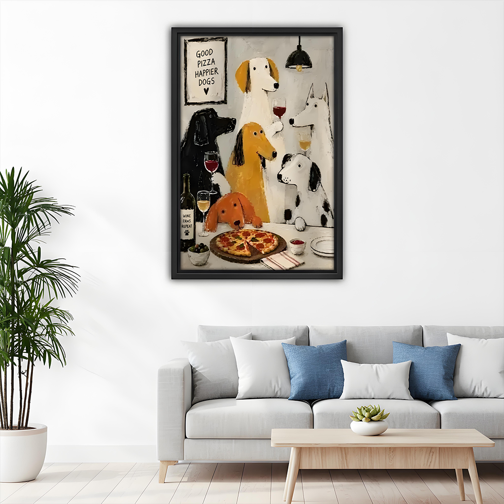 Whimsical Dogs Pizza and Wine Canvas Wall Art | Framed & Unframed l5108