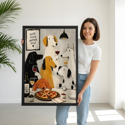 Whimsical Dogs Pizza and Wine Canvas Wall Art | Framed & Unframed l5108
