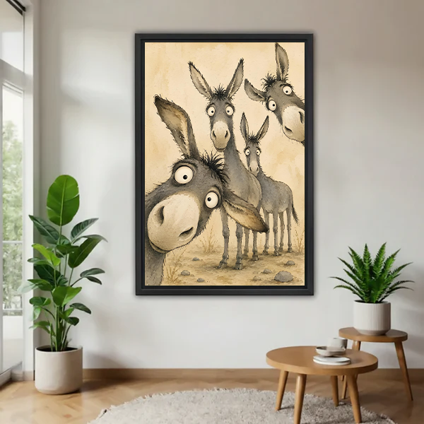 Black-framed whimsical donkeys canvas wall art showing four curious donkeys beside a bed with rust bedding.