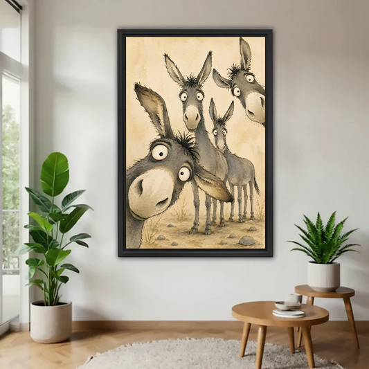 Black-framed whimsical donkeys canvas wall art showing four curious donkeys beside a bed with rust bedding.