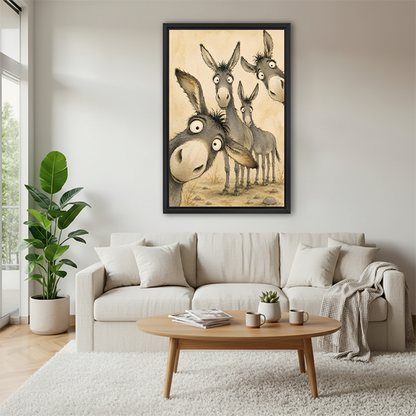 Black-framed whimsical donkeys canvas wall art featuring four expressive farm animals above a cream sofa.