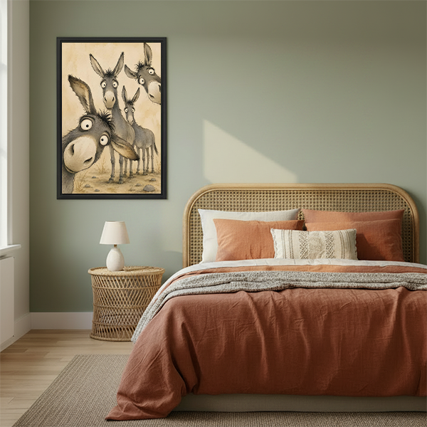Woman holding black-framed whimsical donkeys canvas wall art with four wide-eyed donkeys and an oversized foreground muzzle.