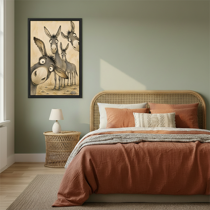 Woman holding black-framed whimsical donkeys canvas wall art with four wide-eyed donkeys and an oversized foreground muzzle.