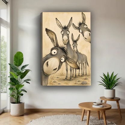 Gallery-wrap whimsical donkeys canvas wall art featuring four wide-eyed gray donkeys on a cream background between potted plants.