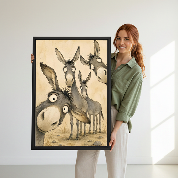 Whimsical donkeys canvas wall art with four cartoon-style donkeys in a black frame displayed between plants.