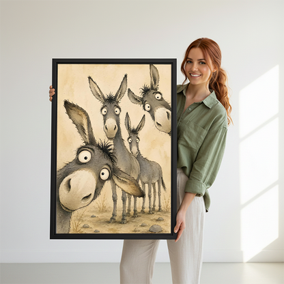 Whimsical donkeys canvas wall art with four cartoon-style donkeys in a black frame displayed between plants.