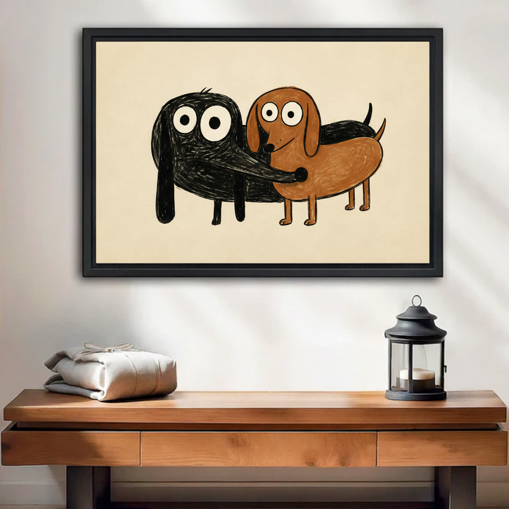 Whimsical doodle dachshund duo framed canvas wall art in black floating frame above wooden entryway console table with lantern