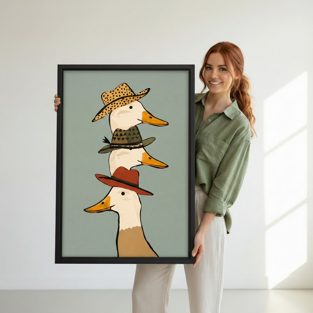 Woman holding large whimsical duck trio canvas wall art print for size reference