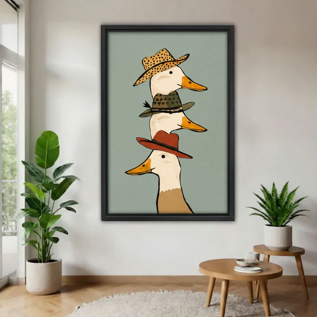 Whimsical duck trio framed canvas wall art with sleek black floating frame on white wall
