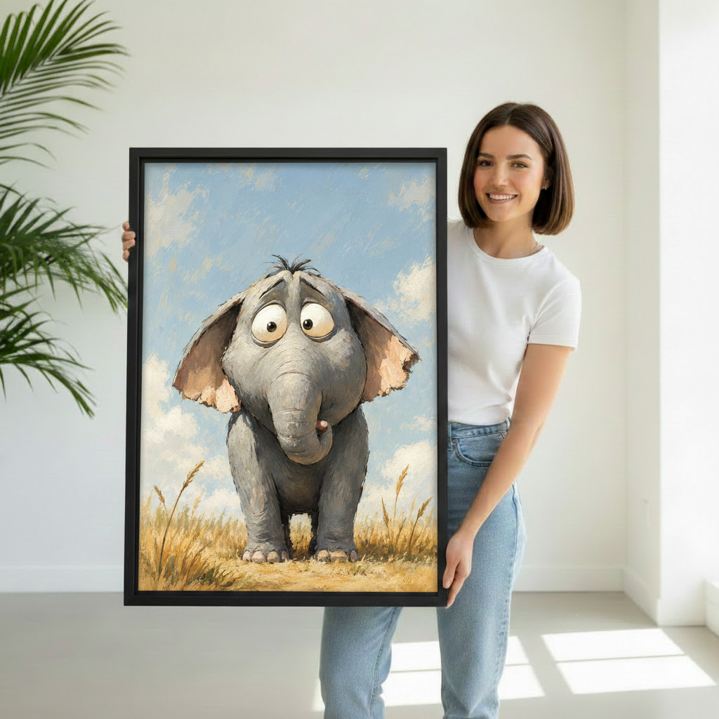 Smiling woman holding large whimsical elephant canvas wall art print in a bright white room