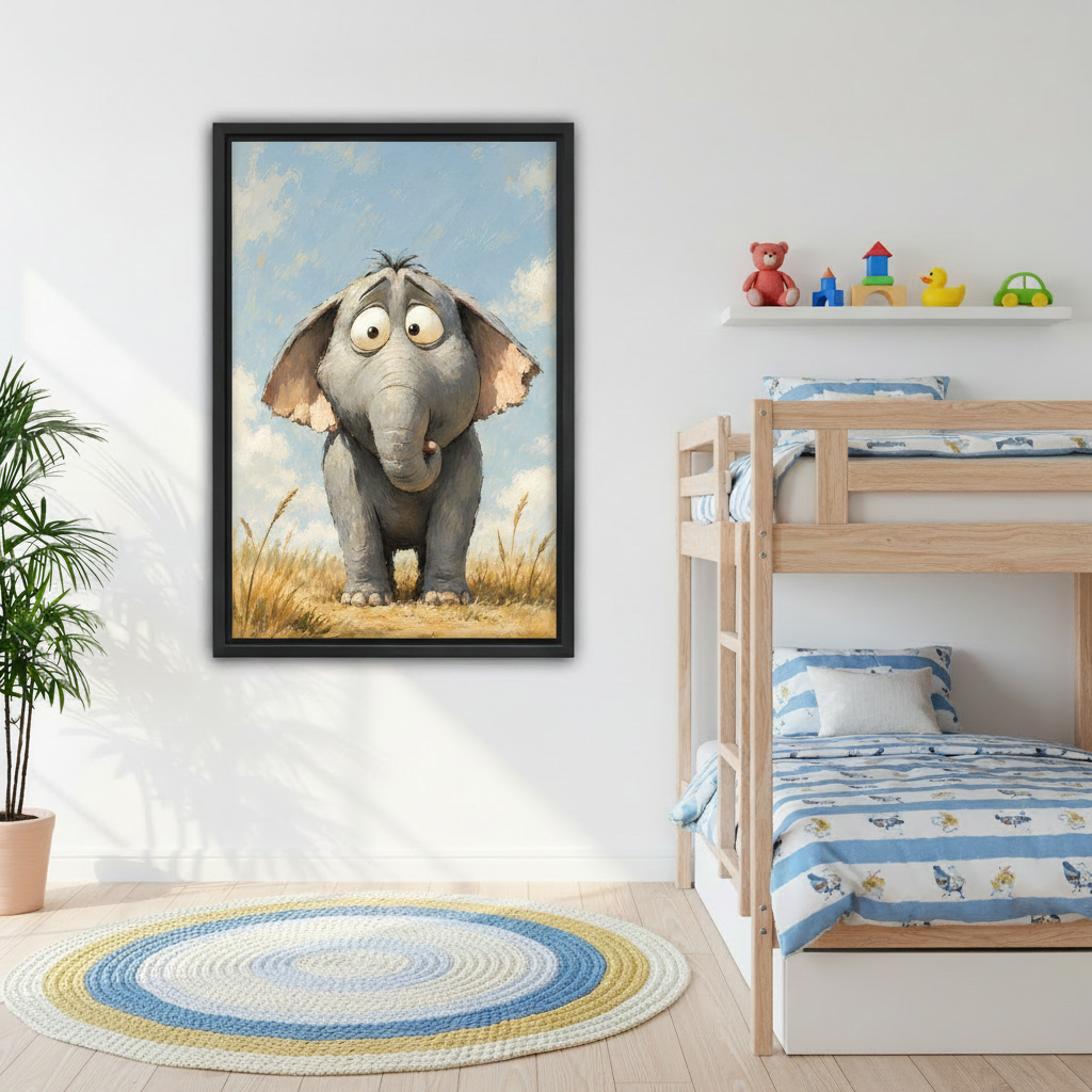 Framed whimsical elephant canvas print creating a warm and cheerful accent in a modern bedroom