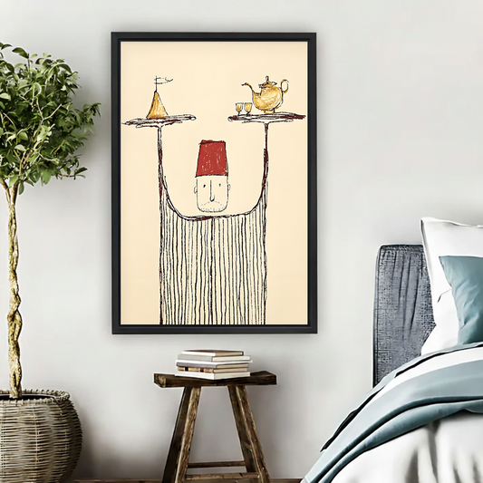 Whimsical line art framed canvas wall art of a fez man balancing a teapot and sailboat hung beside a bed in a boho bedroom