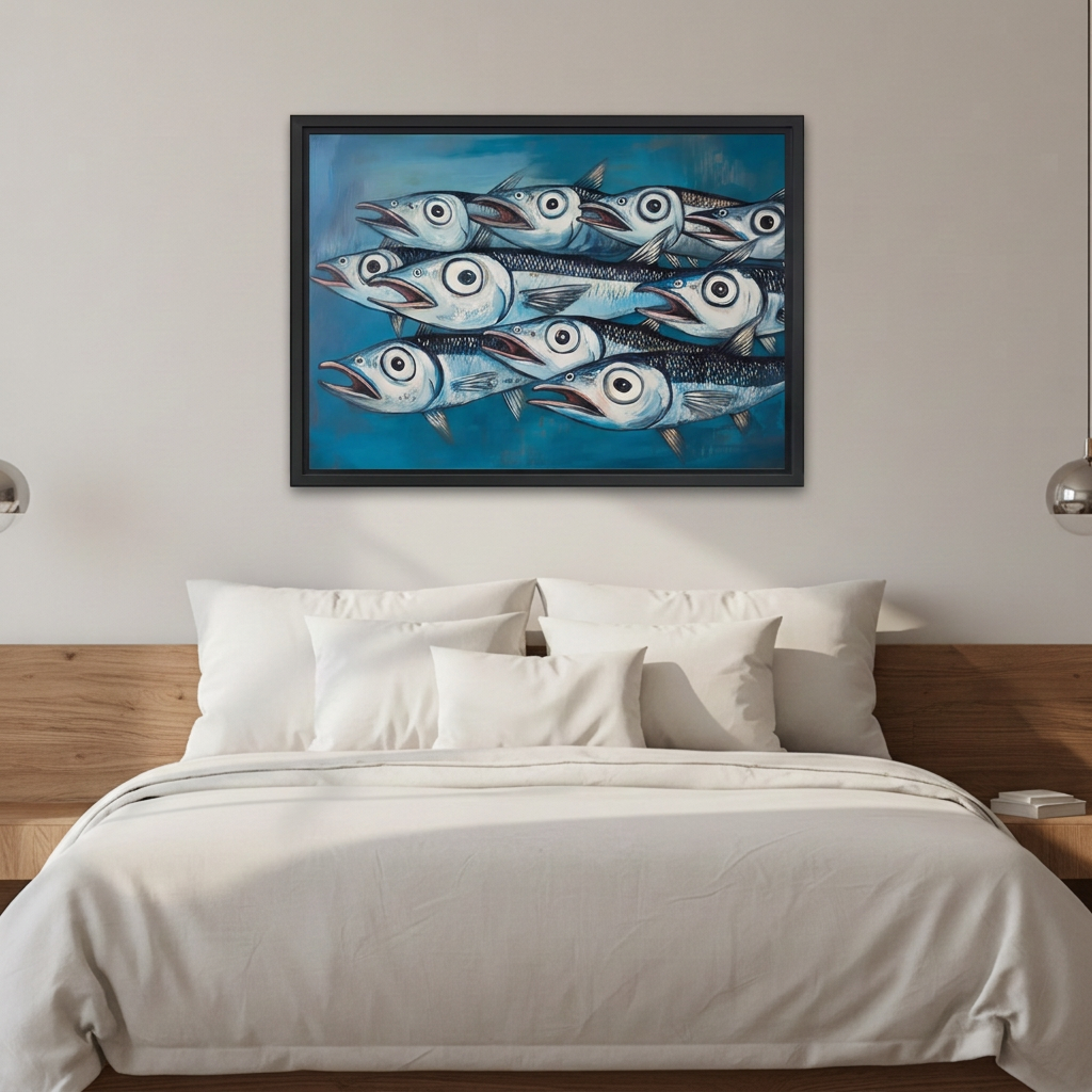 Whimsical fish canvas wall art in a black frame above a white bed with a wooden headboard