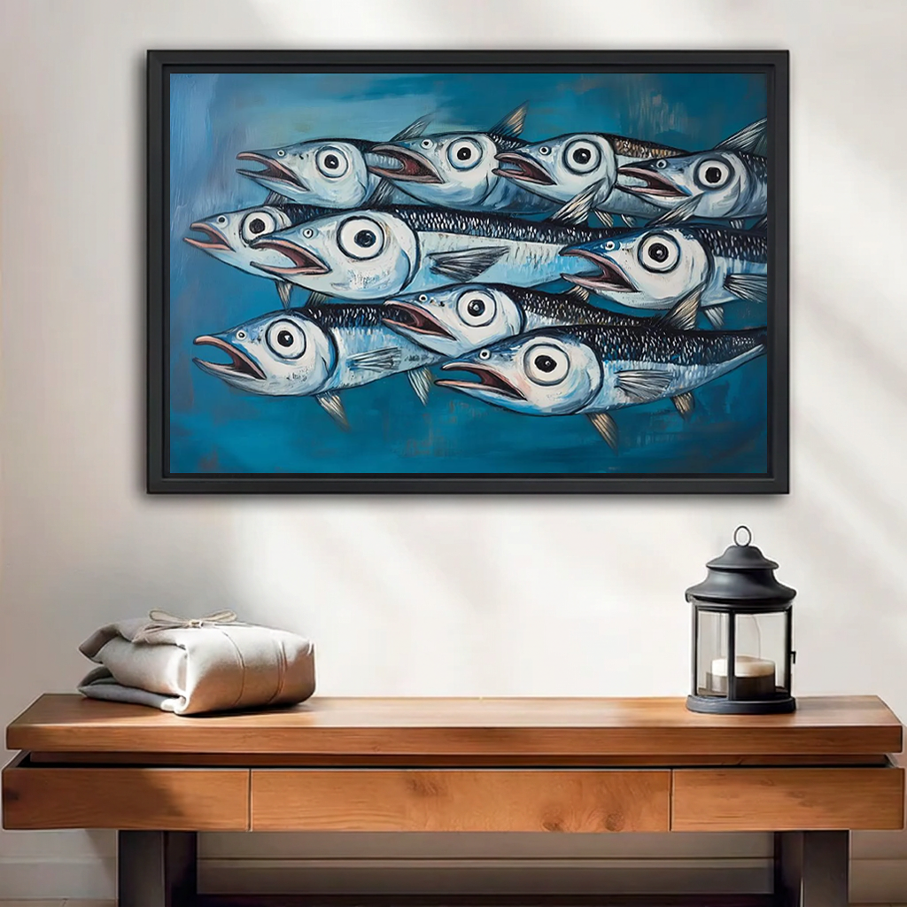 Whimsical fish canvas wall art in a black frame above a wooden console beside a dark lantern.