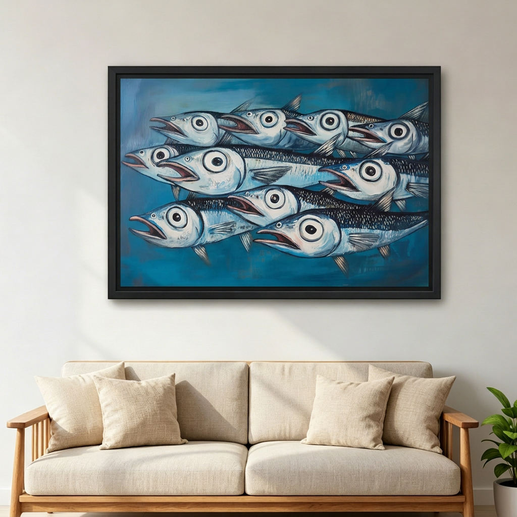 Whimsical fish canvas wall art in a black frame above a cream sofa with wooden arms.