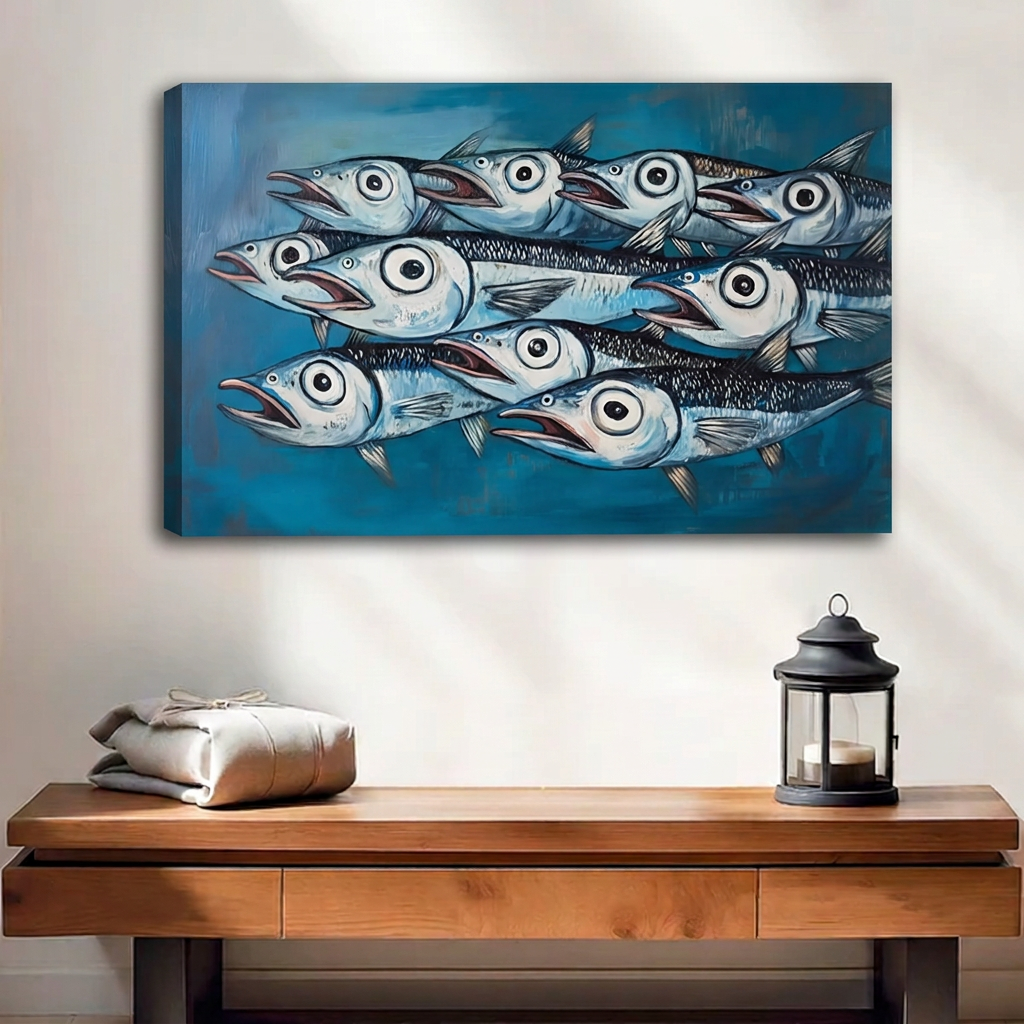 Whimsical fish canvas wall art displayed without an outer frame above a wooden console with a lantern.