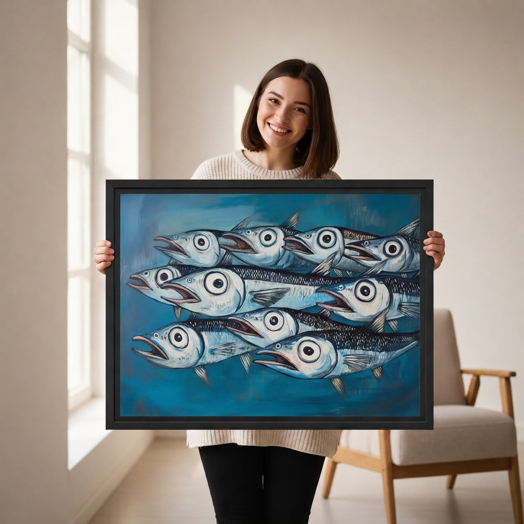  smiling woman holds black-framed whimsical fish canvas wall art featuring wide-eyed silver fish against a blue background.