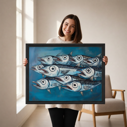  smiling woman holds black-framed whimsical fish canvas wall art featuring wide-eyed silver fish against a blue background.
