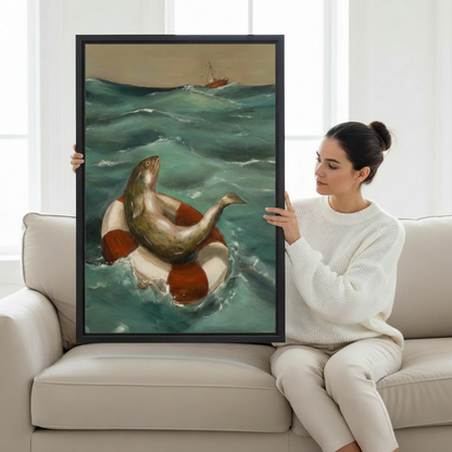 Woman holding large vintage whimsical fish life ring ocean canvas print on sofa showing artwork scale and detail