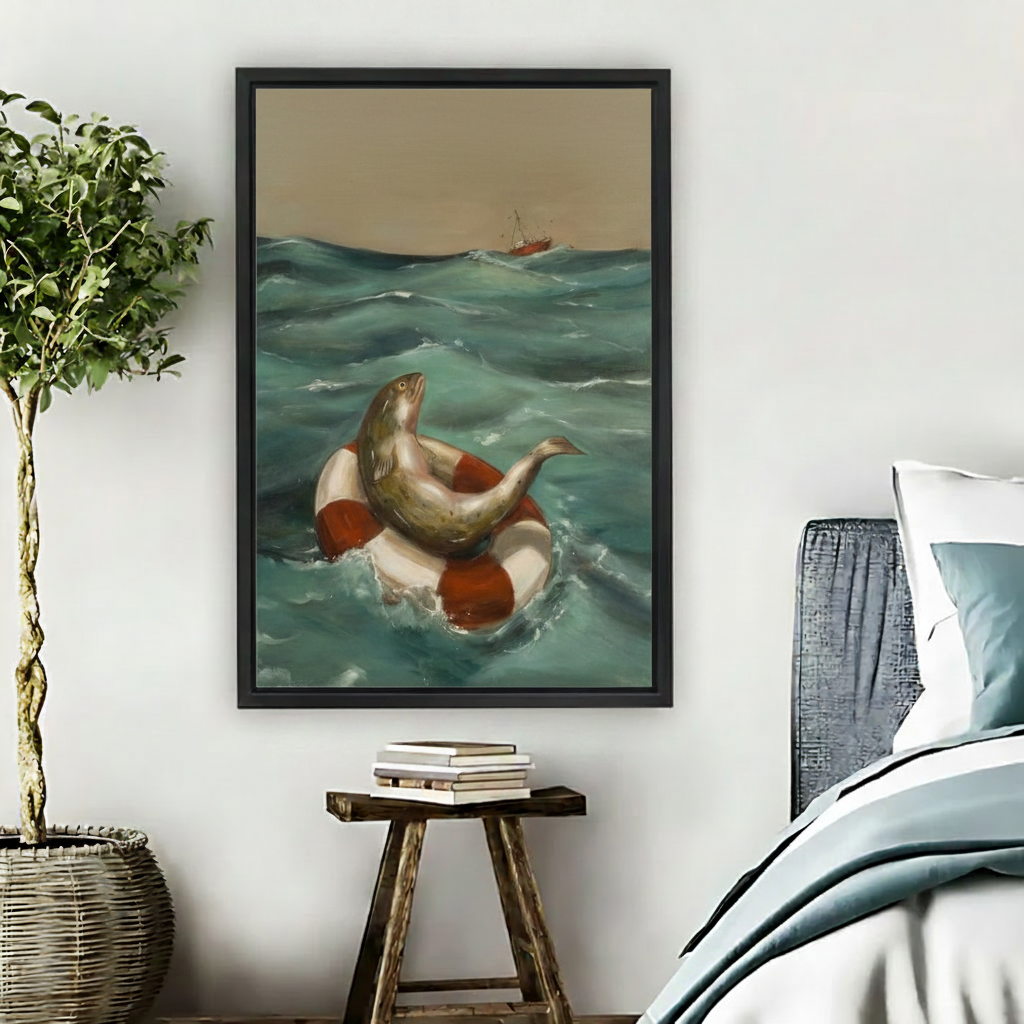 Vintage ocean fish on life ring framed canvas wall art displayed in cozy bedroom beside nightstand and plant