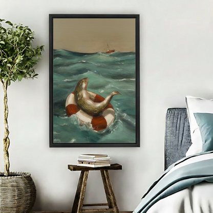 Vintage ocean fish on life ring framed canvas wall art displayed in cozy bedroom beside nightstand and plant