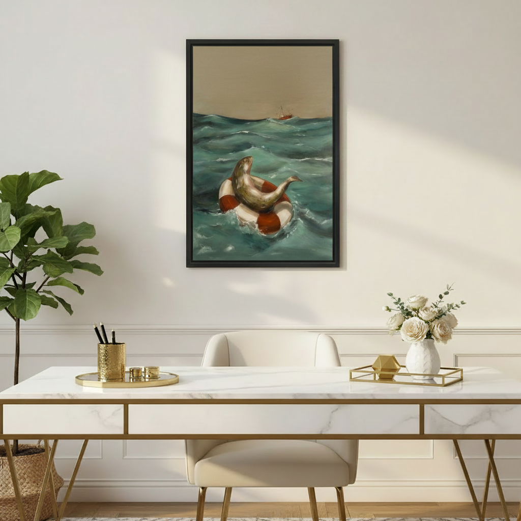 Whimsical fish life ring vintage framed canvas print hanging above marble desk in elegant home office